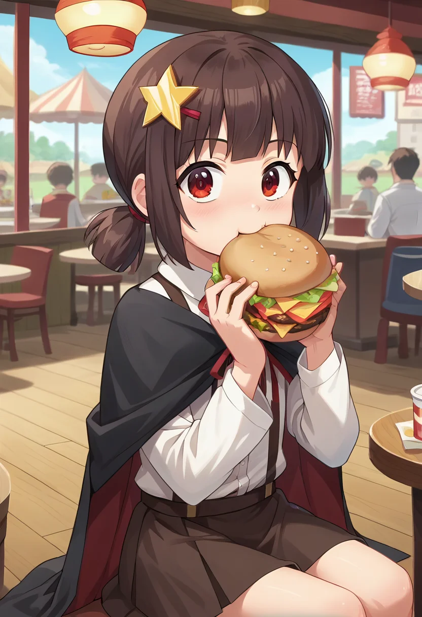 score_9, score_8_up, score_7_up, source_anime, masterpiece, 1girl, ctiankome, suspender skirt, dress shirt, cape, long sleeves, red ribbon, looking at viewer, <lora:komekkoPONYXLversion3:0.8>, anime coloring, cowboy shot, sitting, restaurant, eating burger, anime screencap