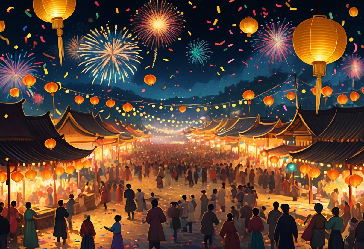 post impressionism, masterpiece,highly detailed,scenery,landscape, vibrant nighttime festival, (glowing lanterns:1.3), (colorful confetti:1.2) floating, (warm golden lights:1.4), (bursts of fireworks:1.5) in dark sky, joyful crowds in (traditional attire:1.1), (magical:1.2) atmosphere, (sparkling confetti:1.0), (delicate paper decorations:0.8) swaying, traditional stalls with (glowing signs:1.1), serene (full moon:1.2) casting soft glow, dynamic lighting, festive energy