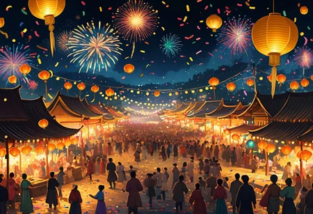post impressionism, masterpiece,highly detailed,scenery,landscape, vibrant nighttime festival, (glowing lanterns:1.3), (colorful confetti:1.2) floating, (warm golden lights:1.4), (bursts of fireworks:1.5) in dark sky, joyful crowds in (traditional attire:1.1), (magical:1.2) atmosphere, (sparkling confetti:1.0), (delicate paper decorations:0.8) swaying, traditional stalls with (glowing signs:1.1), serene (full moon:1.2) casting soft glow, dynamic lighting, festive energy
