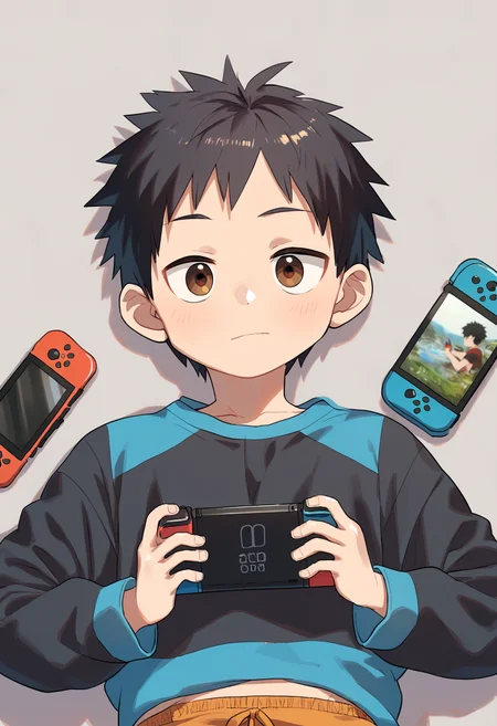 score_9, score_8_up, score_7_up, score_6_up, source_anime, grey background, from above, 1boy, solo, black hair, brown eyes, bangs, on back, short over long sleeves, shorts, looking at viewer, closed mouth, playing nintendo switch <lora:a6_AMXL_v1g-ShoAI:1>