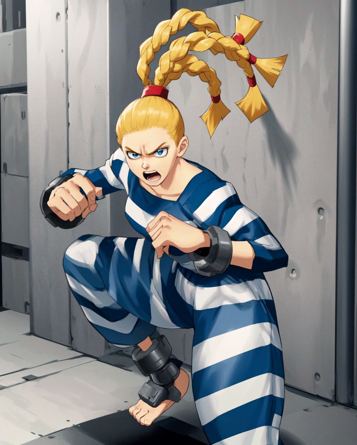 (masterpiece, best quality, high resolution, highly detailed skin:1.3),  <lora:j0_EHZ:0.8> j0ehz, braided ponytails, multiple ponytails, blonde hair, blue eyes, (sour expression, shouting:1.3), blue striped prison jumpsuit, shackles, leg cuffs, kickpads, feral stance