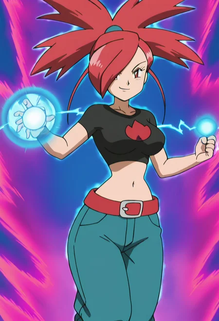 masterpiece, best quality, solo, curvy, beautiful eyes, aged up, large breasts, wide hips, narrow waist, 1girl, solo, smile, looking at viewer, zzFlannery, red eyes, hair over one eye, big hair, ponytail, red hair, spiked hair, long hair, crop top, midriff, red belt, denim jeans, ,<lora:FlanneryPokemon_IXL:1.0>, ,vivid aura, looking at viewer, blue background, smug, aura, super saiyan, charging energy, energy ball, energy, lightning, <lora:DBSBroly_Style_IXL_v2:0.6>,