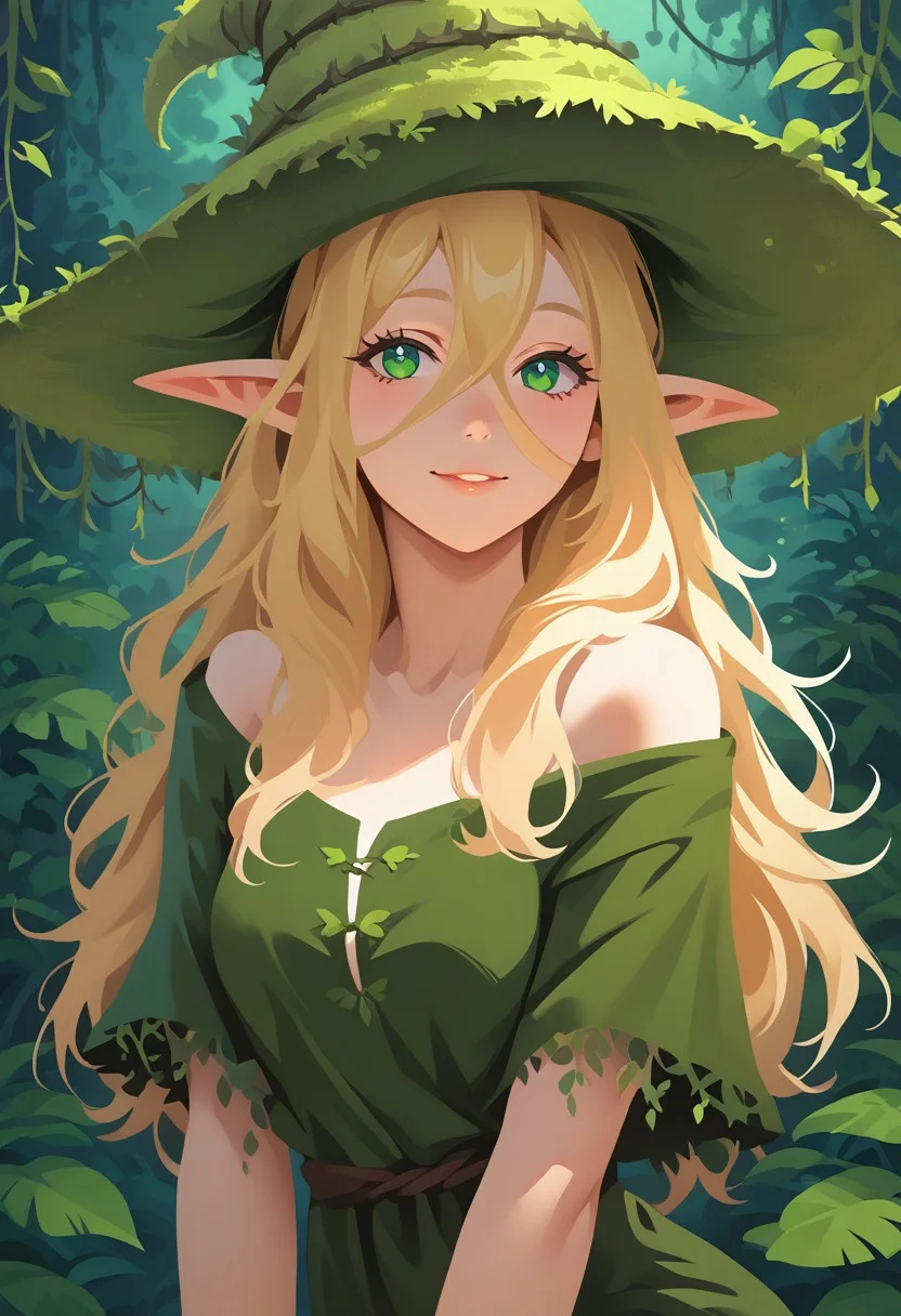 score_9, score_8_up, score_7_up, score_6_up, 2d, 1girl, solo, long blonde hair, hair between eyes,  innocent smile, cute face, plants, dense foliage, outside, pinup style pose, pinup, linen tunic, night, thorny vines, black dyed hair tips, elf ears, wizard hat, moss hat, women overgrown by plants, flat colosts, lineless, vector art,
