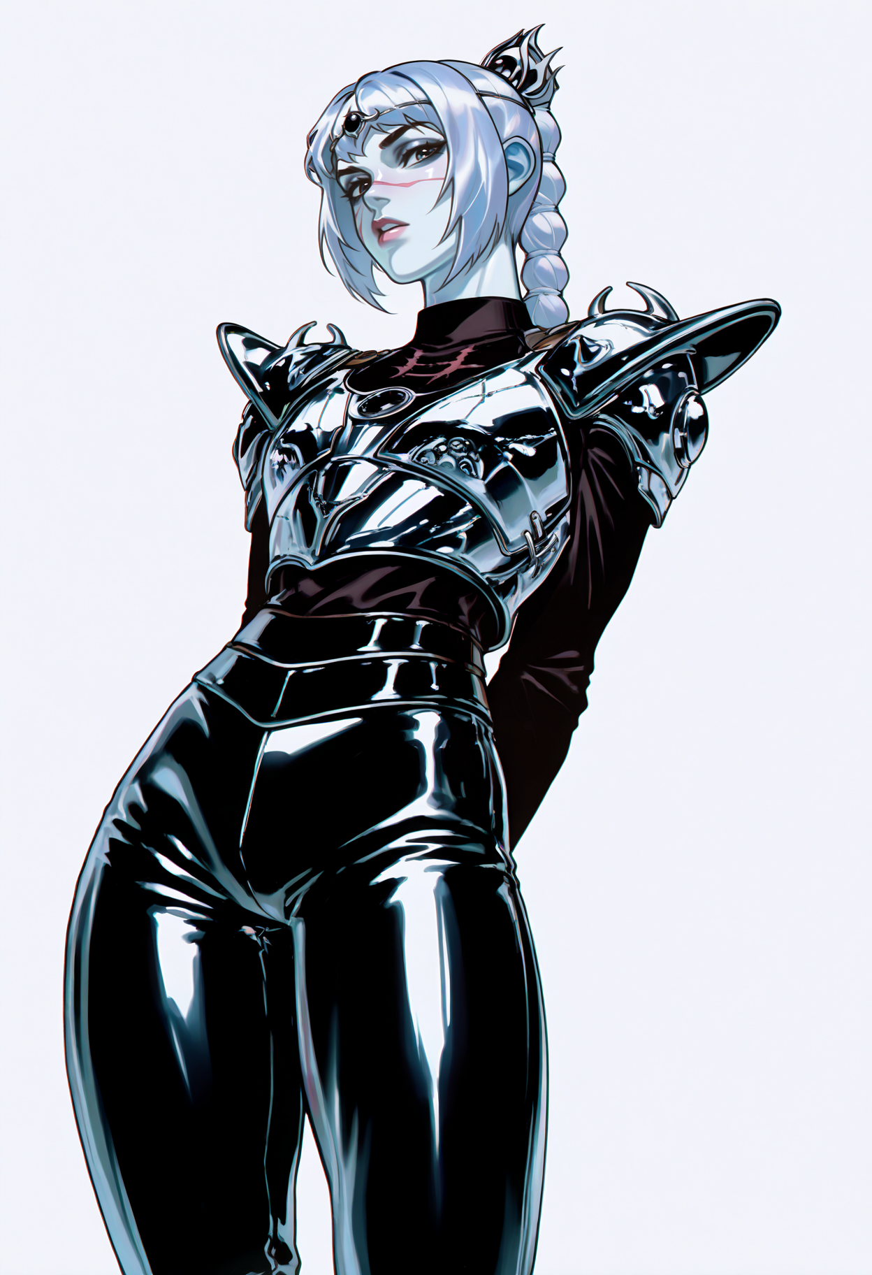 best quality, amazing quality, very aesthetic, absurdres,
chrome, shiny skin, chrome clothing, chrome skin,
1girl, solo, shadowheart, braided ponytail, scar on face, circlet, looking at viewer, armor, pants, arms behind back
standing, looking at viewer, white background, <lora:ChromeNoob_byKonan:1>, <lora:ShadowHeartIllustrious_byKonan:0.8>