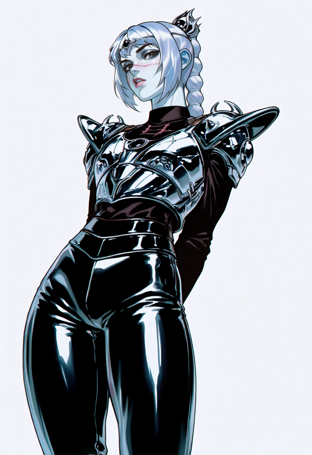 best quality, amazing quality, very aesthetic, absurdres,
chrome, shiny skin, chrome clothing, chrome skin,
1girl, solo, shadowheart, braided ponytail, scar on face, circlet, looking at viewer, armor, pants, arms behind back
standing, looking at viewer, white background, <lora:ChromeNoob_byKonan:1>, <lora:ShadowHeartIllustrious_byKonan:0.8>