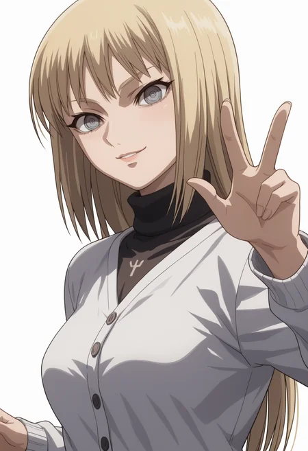 score_9, score_8_up, score_7_up, source_anime, BREAK white background, 1girl, solo, upper body, <lora:DX888Clare:1>clare, turtleneck sweater, grey eyes, medium breasts, (cardigan:1.2), v pose, light smile, anime screencap, long hair,