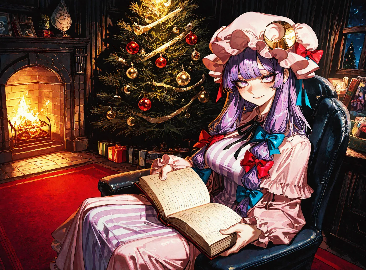 1girl,patchouli_knowledge ,blush ,book, bow, breasts, chair ,crescent, crescent_hat_ornament ,dress ,hair_bow ,hat ,hat_ornament ,holding ,holding_book, indoors ,long_hair ,looking_at_viewer, mob_cap, numbered ,open_book ,purple_eyes ,purple_hair, reading, ribbon ,sitting, smile, solo,
chrlib, scenery, indoors, living room, night, oven, christmas tree, christmas ornaments, red carpet,
, Fishine,ireading ,noya_makoto ,quasarcake, retro_artstyle, retro,looking_at_viewer ,
masterpiece, best quality, amazing quality, very aesthetic, absurdres, newest, <lora:ponyv5_noobE11_1_adamW:0.6>, <lora:add-detail-xl:0.5>, <lora:cfg_scale_boost:0.5>, <lora:retro_scifi_artstyle:0.6>, <lora:USNR STYLE_XL_loha:0.6>, <lora:Christmas living room:0.6>