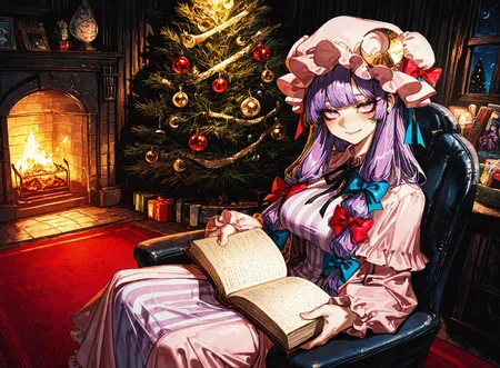 1girl,patchouli_knowledge ,blush ,book, bow, breasts, chair ,crescent, crescent_hat_ornament ,dress ,hair_bow ,hat ,hat_ornament ,holding ,holding_book, indoors ,long_hair ,looking_at_viewer, mob_cap, numbered ,open_book ,purple_eyes ,purple_hair, reading, ribbon ,sitting, smile, solo,
chrlib, scenery, indoors, living room, night, oven, christmas tree, christmas ornaments, red carpet,
, Fishine,ireading ,noya_makoto ,quasarcake, retro_artstyle, retro,looking_at_viewer ,
masterpiece, best quality, amazing quality, very aesthetic, absurdres, newest, <lora:ponyv5_noobE11_1_adamW:0.6>, <lora:add-detail-xl:0.5>, <lora:cfg_scale_boost:0.5>, <lora:retro_scifi_artstyle:0.6>, <lora:USNR STYLE_XL_loha:0.6>, <lora:Christmas living room:0.6>