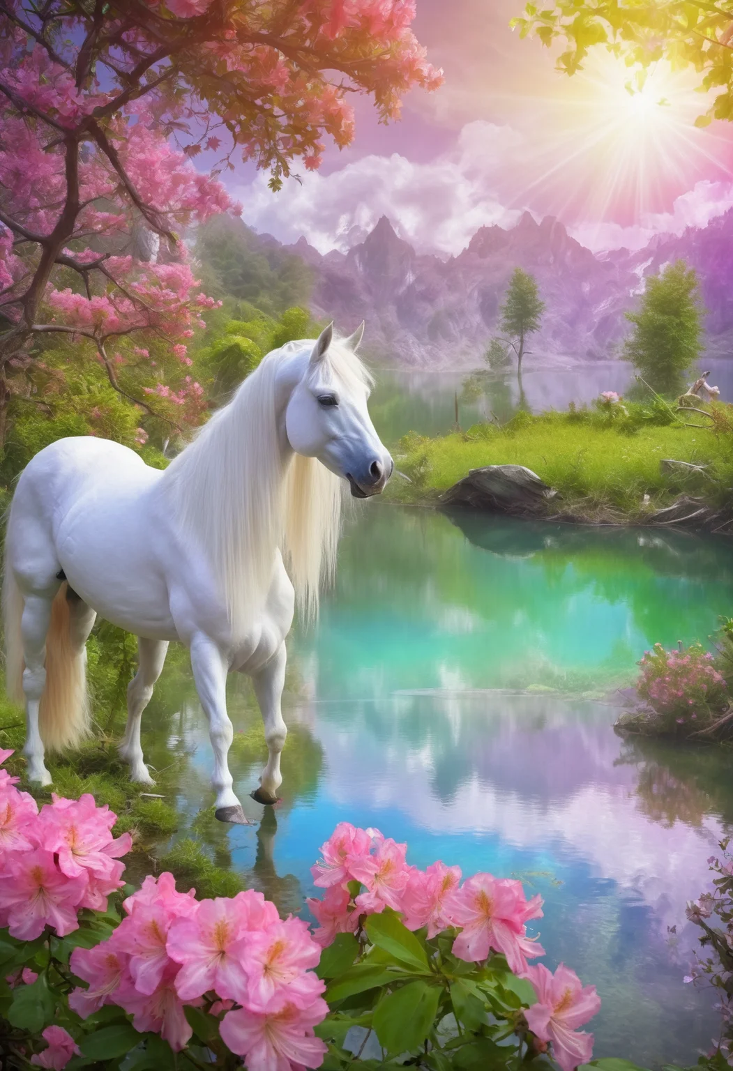 photo of fl0rRos1ta flower bush, by a crystal-clear lake, unicorns drinking water, rainbow in the background, mystical atmosphere, vibrant colors, fairy tale setting, high resolution <lora:fl0rRos1ta_XL_epoch_8:0.8>