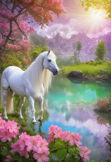 photo of fl0rRos1ta flower bush, by a crystal-clear lake, unicorns drinking water, rainbow in the background, mystical atmosphere, vibrant colors, fairy tale setting, high resolution <lora:fl0rRos1ta_XL_epoch_8:0.8>