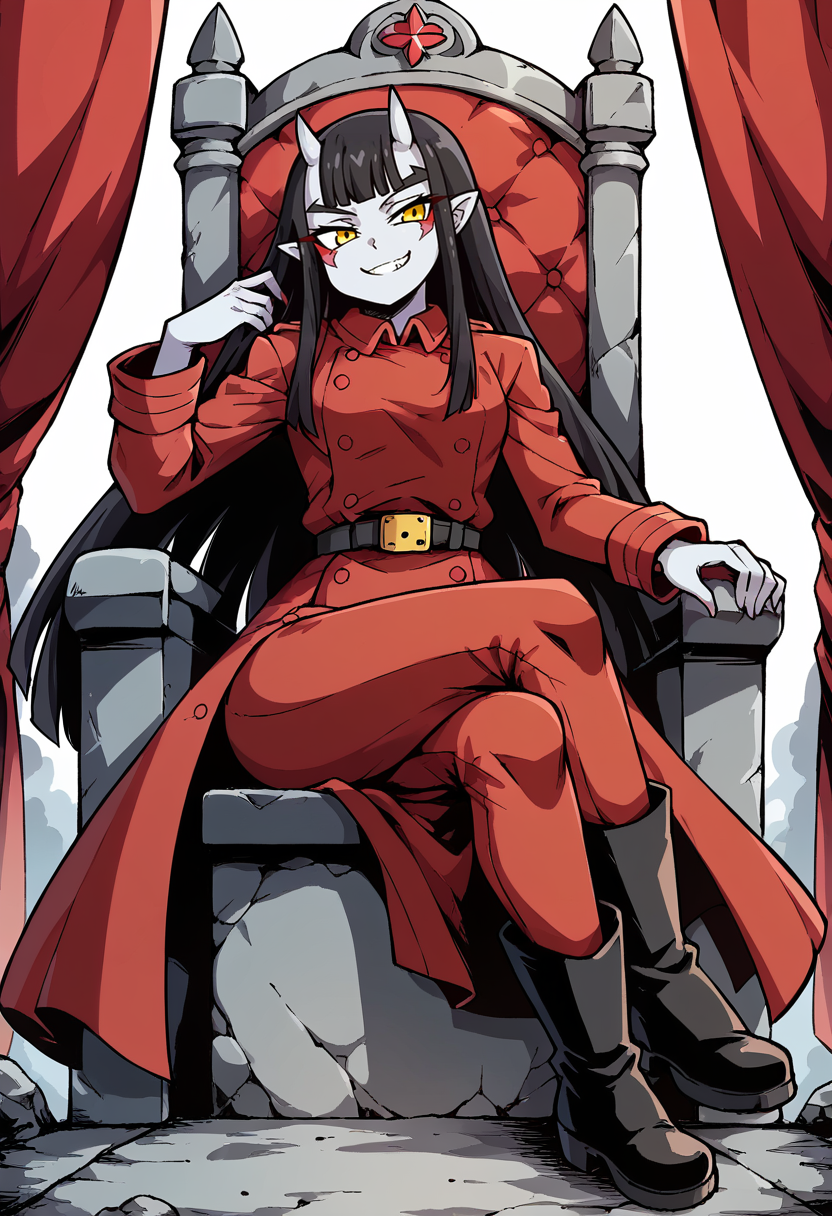 score_9, score_8_up, score_7_up, uncensored, Expressiveh BREAK 1girl, solo, adolfxventure, black hair, long hair, bangs, horns, oni horns, yellow eyes, colored skin, pointy ears, facial mark, red military uniform, trench coat, red coat, belt, red pants, boots, small breasts, hourglass figure, curvy, evil smile, smirk, throne, sitting on throne, crossed legs, army in background, military in background, <lora:adolf_xventure:0.9> <lora:add-detail-xl:0.9> <lora:cfg_scale_boost:0.8> <lora:Expressive_H:0.9> <lora:HandFixer_pdxl_Incrs_v1:0.6>