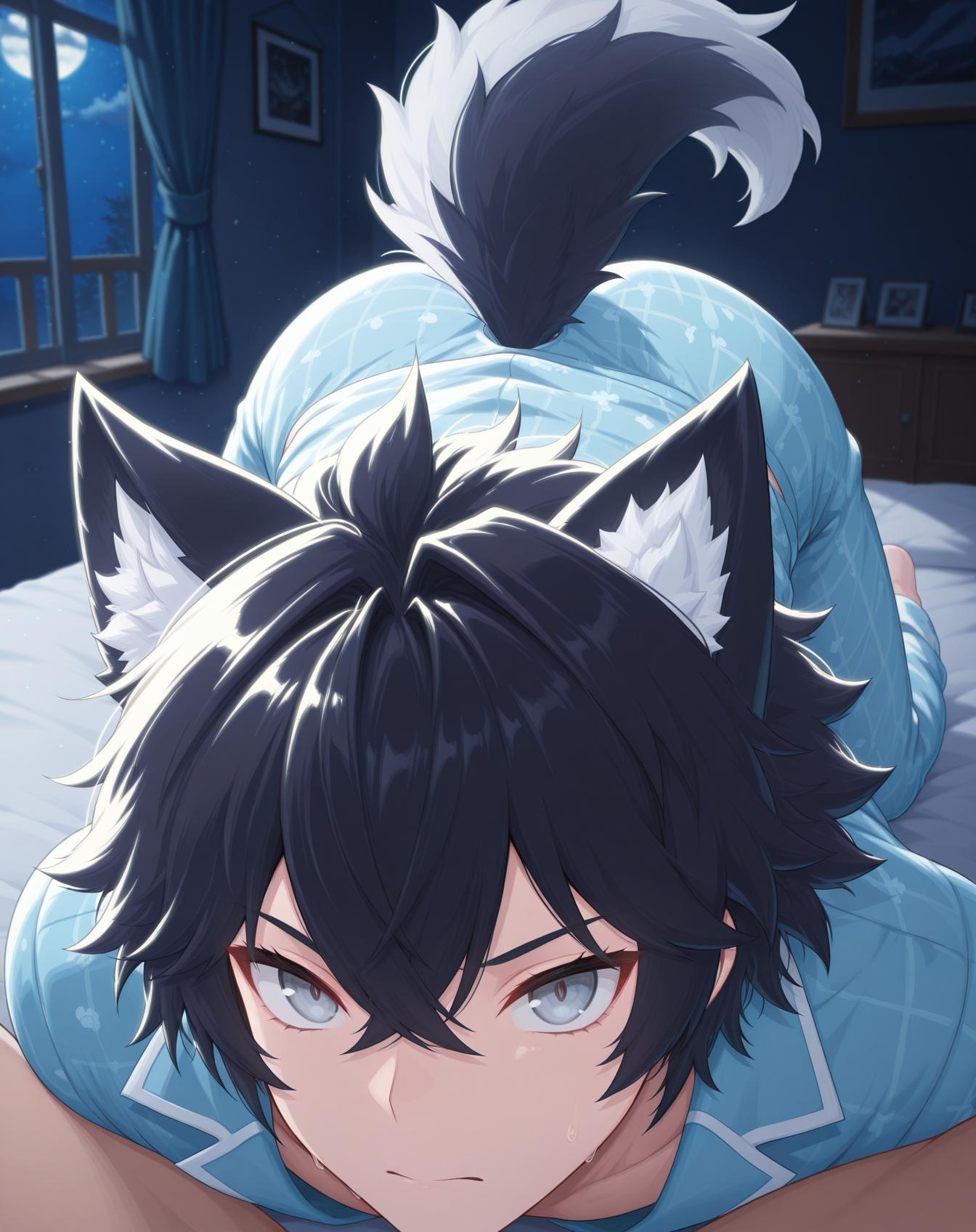 masterpiece,best quality,amazing quality, newest, very aesthetic, absurdres,
1boy, solo, yaoi, male focus, looking at viewer, full body, face focus, lying, on bed,
<lora:Sieghart_Wolf:1> sieghartwolf, wolf tail, animal ears, wolf boy, black hair, short hair, hair between eyes, grey eyes, animal ear fluff,
pajamas, open clothes,
indoors, night, dark room, bedroom,