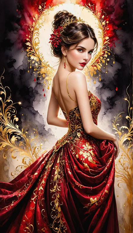 beautiful, gorgeous, stunning, attractive, lovely, exquisite, charming, alluring, ravishing, mesmerizing, breathtaking, radiant, picturesque, enchanting, splendid, elegant Silhouette Art, breathtaking (interior extravaganza alcohol ink sketch). the darkest hues of red and shiny gold color scheme.
<lora:InkArtXL_1.2:0.4> <lora:FaeTastic:0.4> . . tour de force, masterwork, masterstroke, crowning achievement, gem, perfection, paragon, masterpiece of artistry, pinnacle of creativity, culmination, high quality, 8k resolution, detailed, focused