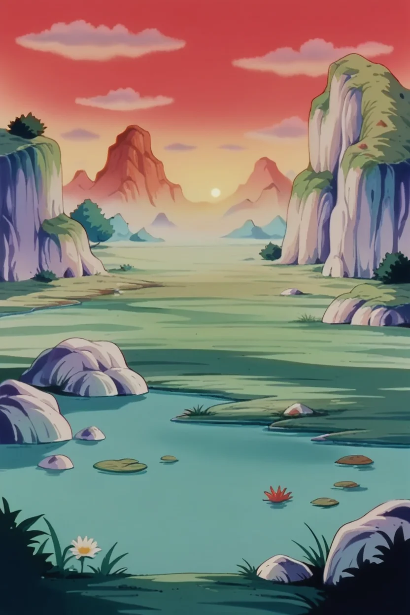 score_9, score_8_up, score_7_up, score_6_up,source_anime, BREAK break wasteland,white ground,retro artstyle,outdoors, grass, tree,pond,water,red sky,sunset,plateau,mountain,bush,cattail,flower, <lora:BreakWastelandPony:1>