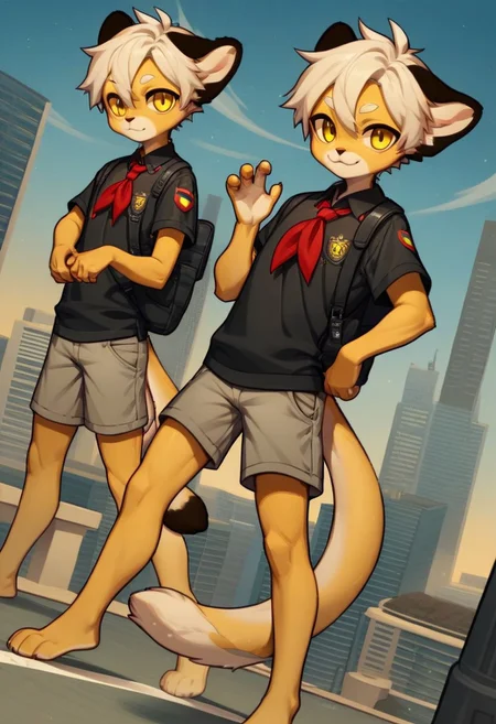 solo, furry, anthro, mikus, 1boy, solo, paws, boy, petite boy, slim boy, small boy, (white hair, dark yellow eyes, yellow fur, dotted eyebrows, small eyebrows, white eyebrows, white fur, yellow paws, (tail tip black:1.5), black ears), Soviet schoolgirl uniform, frilled apron, red neckerchief, score_8_up, score_7_up, score_6_up, score_5_up, score_4_up, outdoors, cityscape, dutch angle, random pose, spontaneous pose, random view, view from different angles, shorts, chibi, smile