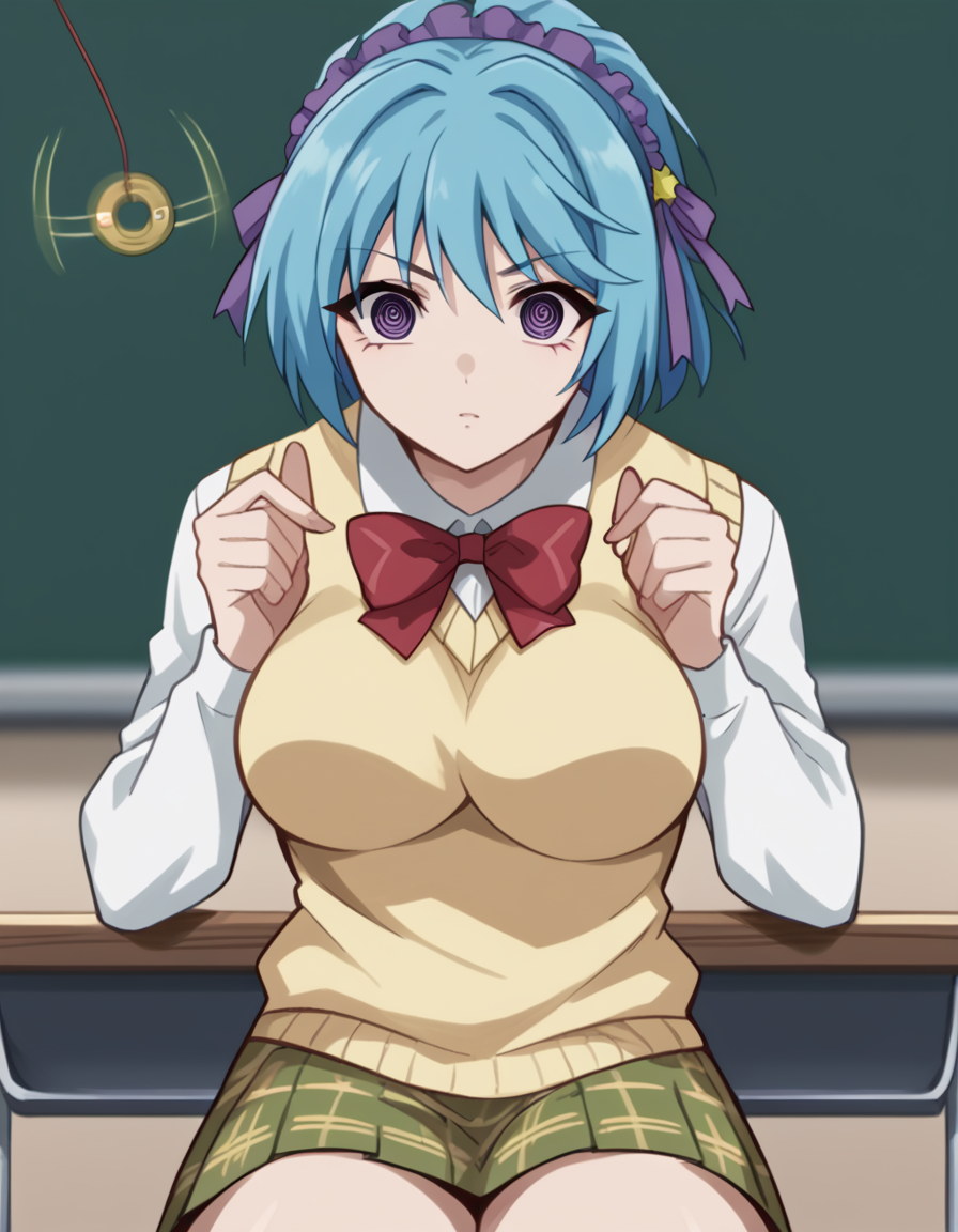 score_9, score_8_up, score_7_up, source_anime, <lora:kurumu-kurono-s2-ponyxl-lora-nochekaiser:1>, kurumu kurono, short hair, blue hair, purple eyes, ponytail, ribbon, hair ribbon, hair ornament, large breasts,, shirt, white shirt, long sleeves, bow, red bow, sweater vest, yellow sweater vest, skirt, plaid skirt, green skirt, socks,, classroom, chalkboard, day time, studying, sitting, chair, desk,, , <lora:pendulum-ponyxl-lora-nochekaiser:1>, pendulum, holed coin, coin on string, hypnosis, mind control, coin, @ @,, looking at viewer, solo,, dutch angle, cowboy shot