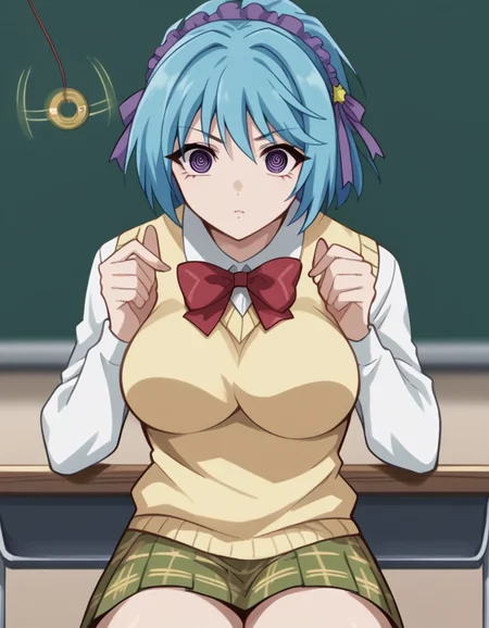 score_9, score_8_up, score_7_up, source_anime, <lora:kurumu-kurono-s2-ponyxl-lora-nochekaiser:1>, kurumu kurono, short hair, blue hair, purple eyes, ponytail, ribbon, hair ribbon, hair ornament, large breasts,, shirt, white shirt, long sleeves, bow, red bow, sweater vest, yellow sweater vest, skirt, plaid skirt, green skirt, socks,, classroom, chalkboard, day time, studying, sitting, chair, desk,, , <lora:pendulum-ponyxl-lora-nochekaiser:1>, pendulum, holed coin, coin on string, hypnosis, mind control, coin, @ @,, looking at viewer, solo,, dutch angle, cowboy shot