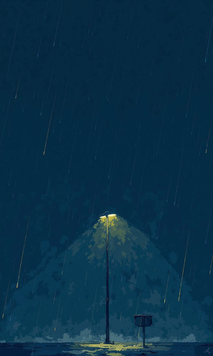 A stylized illustration of a rainy night. 
The background is a deep indigo-blue, filled with a texture representing rain streaks that fall diagonally down the image. These streaks give a sense of motion and depth.
A single, simple streetlamp stands in the middle-ground. 
The lamp's design is simple, with a light-yellow glow emanating from the lamphead. Its structure, appearing as a dark-blue metal pole, extends from the base to the lamphead. The pole is cylindrical and not explicitly detailed beyond its basic shape.
The overall impression is one of a quiet, peaceful night scene where rain is falling heavily. The color palette and the soft light of the lamp create a gentle mood.
<lora:FLUX-daubrez-DB4RZ-v2:1> DB4RZ, DB4RZ style painting
