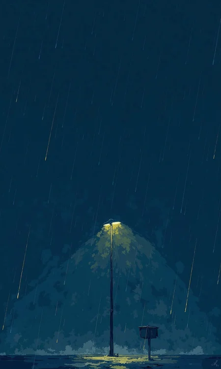 A stylized illustration of a rainy night. 
The background is a deep indigo-blue, filled with a texture representing rain streaks that fall diagonally down the image. These streaks give a sense of motion and depth.
A single, simple streetlamp stands in the middle-ground. 
The lamp's design is simple, with a light-yellow glow emanating from the lamphead. Its structure, appearing as a dark-blue metal pole, extends from the base to the lamphead. The pole is cylindrical and not explicitly detailed beyond its basic shape.
The overall impression is one of a quiet, peaceful night scene where rain is falling heavily. The color palette and the soft light of the lamp create a gentle mood.
<lora:FLUX-daubrez-DB4RZ-v2:1> DB4RZ, DB4RZ style painting