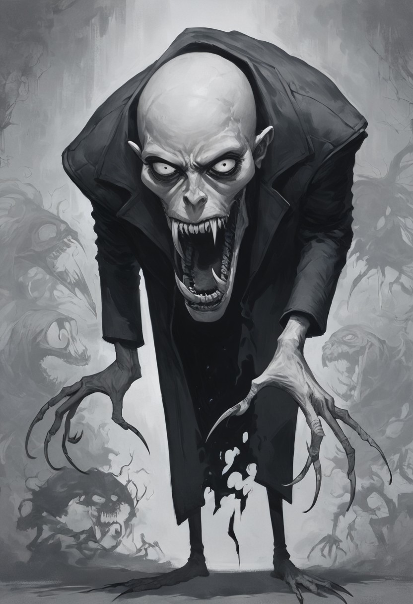 score_9, score_8_up, score_7_up, nosferatu, (monochrome), weaving shadows, long shadows, long nails, (creepy corridor), long sharp fangs, long coat, ((shadows)), black weaving trails, bald, intricate details, tall, imposing, sneaking, (Chiaroscuro), (lean agains doorway)