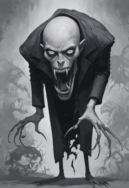 score_9, score_8_up, score_7_up, nosferatu, (monochrome), weaving shadows, long shadows, long nails, (creepy corridor), long sharp fangs, long coat, ((shadows)), black weaving trails, bald, intricate details, tall, imposing, sneaking, (Chiaroscuro), (lean agains doorway)