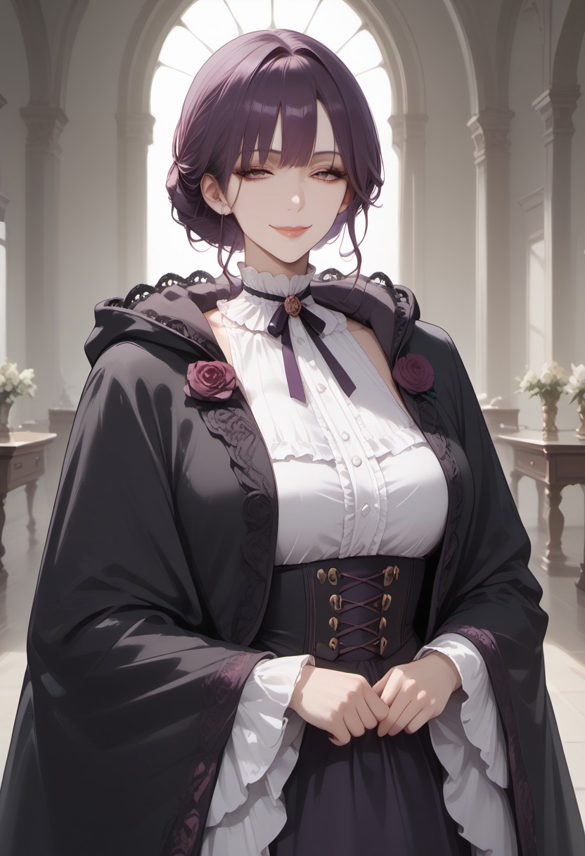 score_8,1 girls, purple hair, smug, make up, victorian, lace-trimmed cloak, folded collar,