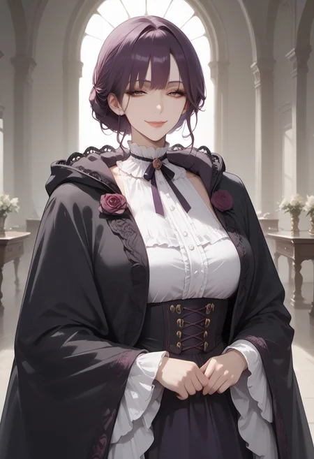 score_8,1 girls, purple hair, smug, make up, victorian, lace-trimmed cloak, folded collar,