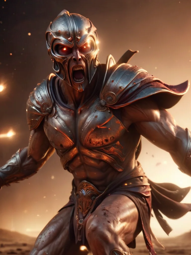 photorealistic, Magnificent scene, 1man spartan warrior, spear and shield made out of alienzkin <lora:alienzkin:1>, (bloodstain, scars and bruises on the body), muscular, warriors, angry, open mouth, fire, dust, The War of Spartacus, dynamic poses, volumetric Light, cinematic lighting, (8k, extremely detailed, high quality, highly detailed, close up)