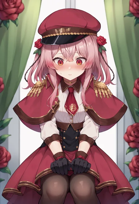score_9, score_8_up, score_7_up, uncensored, source_anime, 1girl, <lora:sprosemiLovelockXLPony:1> rosemi2nd, red rose, hair flower, thorns, red headwear, black gloves, white shirt, red skirt, red necktie, red capelet, white pantyhose, brown boots, blurry, blurry background, day, depth of field, food, fruit, greenhouse, indoors, simple background, blush, downblouse, looking down, solo, grimace