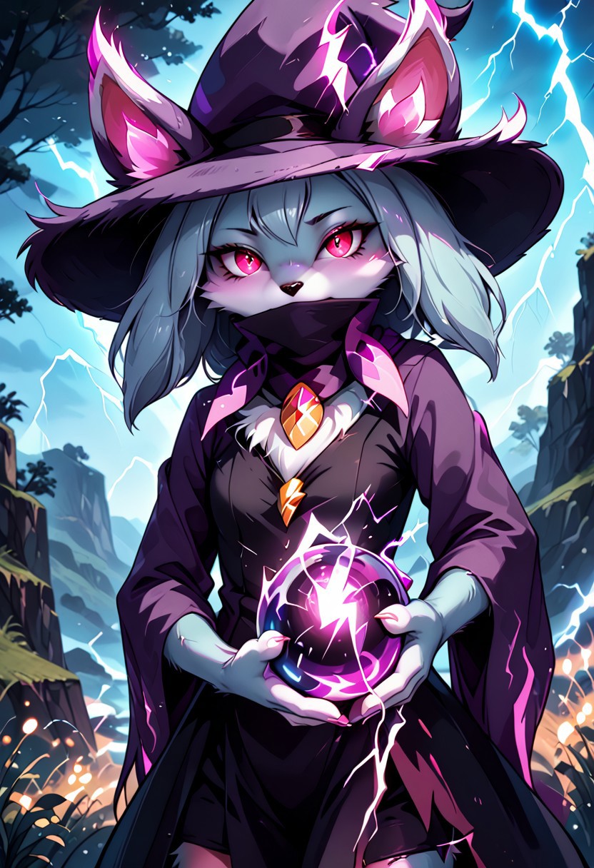 (realistic style) (Vignette ),(Night:1.3),(dramatic photo :1.3), (Ripple effect :1.3),(moving effect:1.3), (Fluff textures :1.3),(Dark color palette:1.3), (Low key lighting:1.3), (character partially obscured:1.3), (Dutch angle:1.3),(Fluff, Subject separation, depth of field(Distant shot)(Landscape view:1.3)(Katress from palworld furry female, blue fur, red eyes, nose blush, covered mouth, purple hat, purple scarf, black shirt, black skirt,(glowing purple lightning powers inside all her body:1.7)glowing purple hands,holding glowing thunder ball, glowing purple eyes,(glowing energy :1.5)(crackles and sparks around her hand :1.3)-close up,
