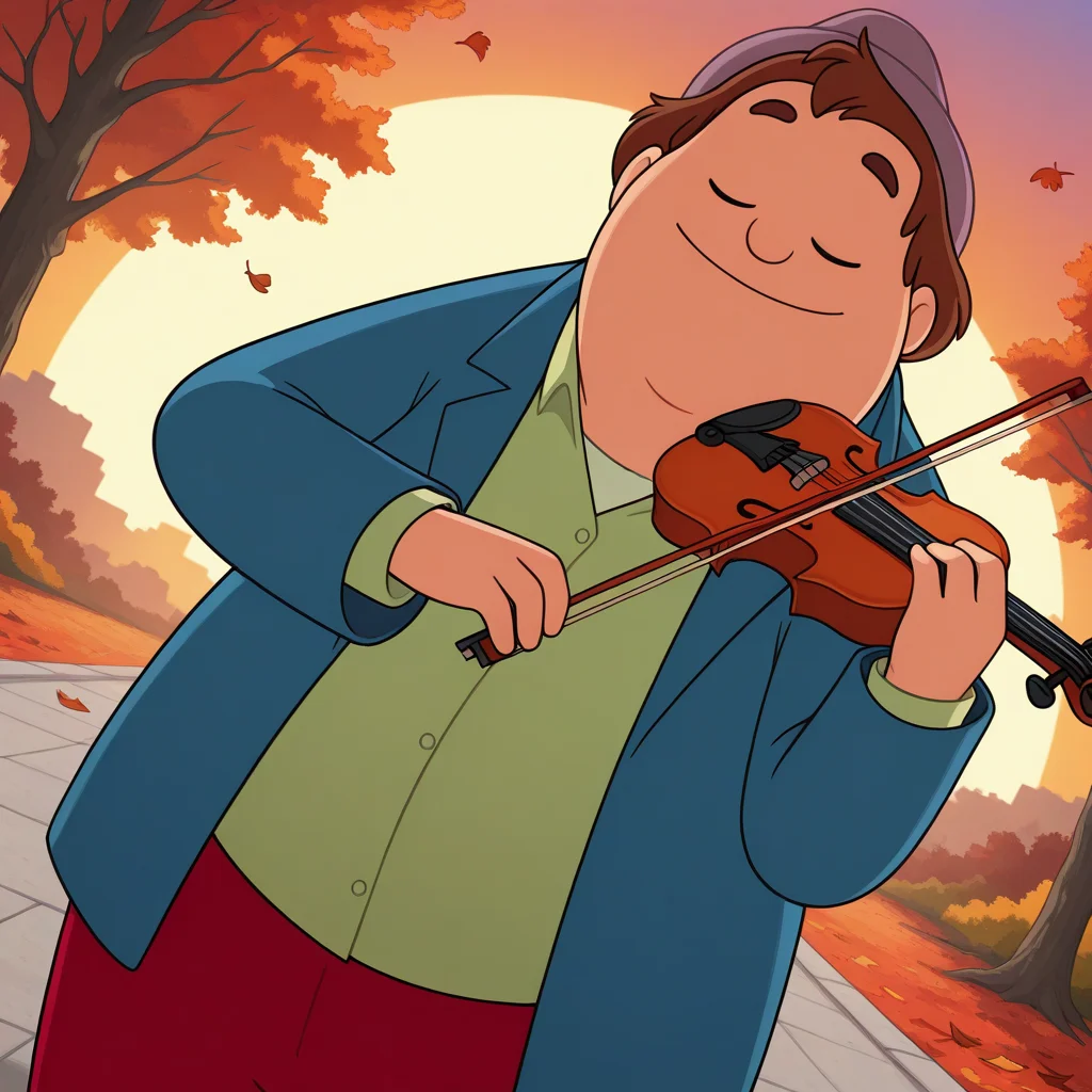 colorful, vibrant, very aesthetic,
masterpiece, best quality, detailed background, absurdres, high quality,
<lora:birdie-v1-000009:1> cp-birdie, 1boy, toon \(style\), solo,
, fedora hat, red pants, blue coat, upper body, playing_instrument, bow_(music), holding_violin, smile, dutch angle, dynamic light, sunset, green shirt, closed eyes, amazing_quality, highres, autumn, falling leaf