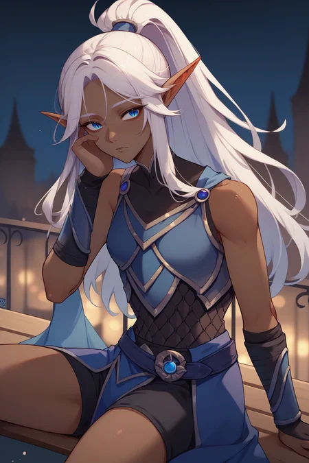 score_9, score_8_up, 1girl, solo <lora:NSSindragosaWoW:1> NSSindragosaWoW, high ponytail, long hair, split bangs, white hair, pointy ears, dark-skinned female, split pupils, blue vambraces, bare shoulders, sleeveless, blue cape, belt, armor, sitting on a bench, outdoors, city, expressionless face, night, black background, shaded face