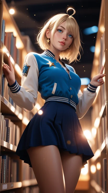 absurdres,highres,very aesthetic,ray_tracing, photorealistic, zPDXL3,
, a glamour photo, Wormâs eye view, focus on knees,
of girl, gold hair, star_shaped ahoge, light blue eyes, letterman jacket, half-skirt,
Snapping fingers, bookstore, ethereal lighting,
(sharp), (blurry background, blurry foreground, bokeh, dof, light particles)