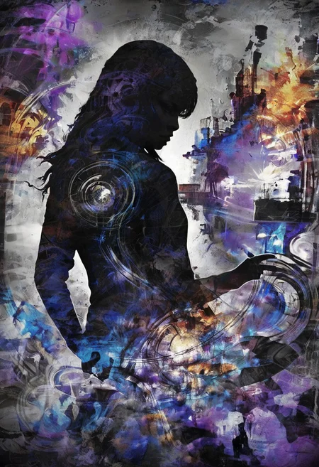 a world inside me, street, epic fantasy, dark fantasy, gritty, real, graffiti, long hair, (((silhouette))), expressionism art, fractals, stopwatch, deep purple and gray, at dusk, cinecolor, (dimmed colors:1.1), hdr, mentixis, linquivera