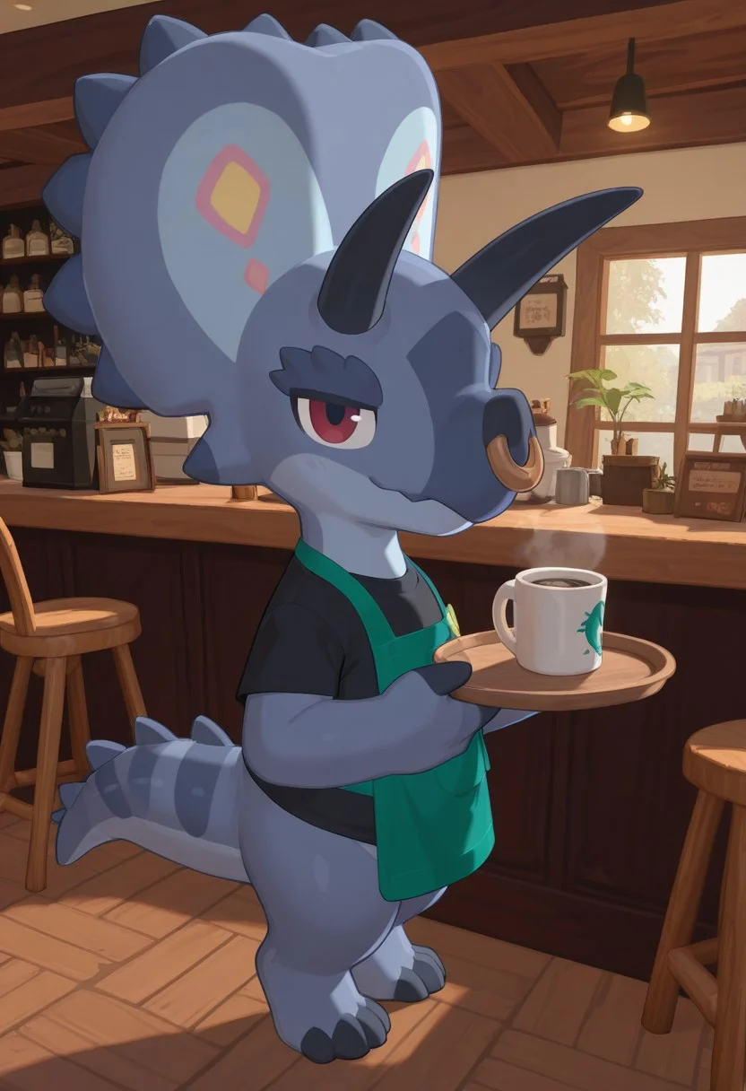 highres, absurdres, newest, masterpiece, best quality, Atlas, male, Torosaurus, blue skin, dark red eyes, 3 fingers, 4 toes, black t-shirt, apron, horns, nose ring,
skirt, femoboy, detailed eyes, professional lighting, solo, seductive, looking_at_viewer, masterpiece, close up, sexy pose, barista, coffee shop,
holds a tray with a mug of coffee in his hand
