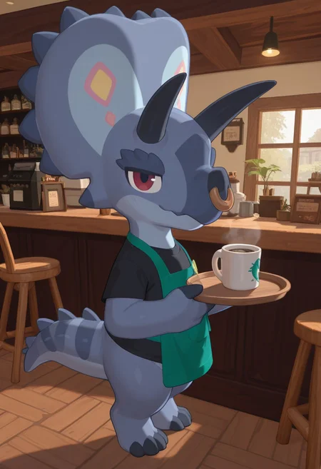 highres, absurdres, newest, masterpiece, best quality, Atlas, male, Torosaurus, blue skin, dark red eyes, 3 fingers, 4 toes, black t-shirt, apron, horns, nose ring,
skirt, femoboy, detailed eyes, professional lighting, solo, seductive, looking_at_viewer, masterpiece, close up, sexy pose, barista, coffee shop,
holds a tray with a mug of coffee in his hand