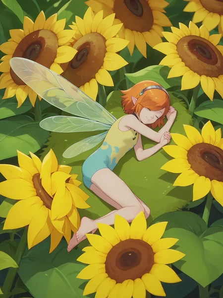 score_9, score_8_up, score_7_up, score_6_up, score_5_up, score_4_up, anime screencap,
1girl, gallica <lora:gallica_(metaphor)-PD-1.0:1>,
minigirl, fairy, giant sunflower flower, sleeping on a sunflower, lying on a sunflower, on side, smile