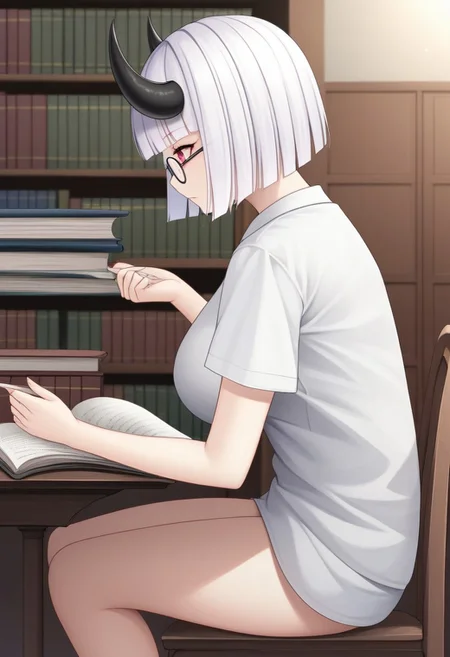 Masterpiece, High quality, anime style, solo, 1woman, single, Oc, adult, tall, perfect face, perfect eyes, perfect body, perfect arms, perfect hands, perfect hair,
Demon girl, Human white color skin ((white skin)), short white hair ((short hair)) ((white Hair)), blunt bangs hair, hime cut bangs, blunt hime bangs, princess cut bangs, very Long Black demon ((very long black horns)) ((long curving black demon horns upwards)), Red eyes, Big round black Glasses Big breasts, big loose White shirt, short sleeves, thin Black Panty, No Pants.
sitting on chair, Behind desk, side view, reading a book, Looking at book
Library Background