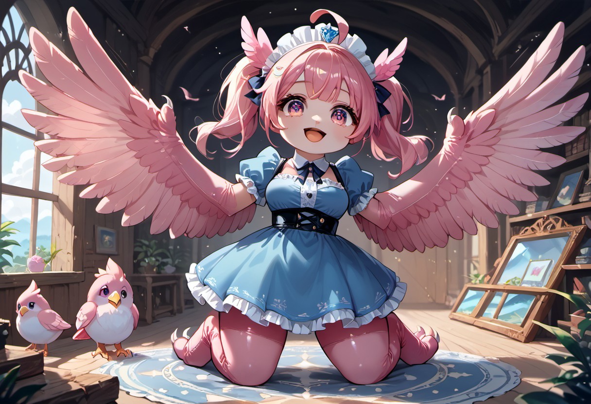 best resolution,score_9,score_8_up,score_7_up,score_6_up,score_8,score_7,score_6,best quality,masterpiece,source_anime,fantasy,beach background,1girl,solo,kawaii,cute,chibi,1girl, winged arms,pink harpy,medium breasts, blue dress, (indoors:1.3), castle,expressiveh,happy,smile,detailed eyes, inflating wings,glossy wings,