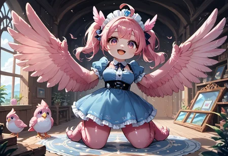 best resolution,score_9,score_8_up,score_7_up,score_6_up,score_8,score_7,score_6,best quality,masterpiece,source_anime,fantasy,beach background,1girl,solo,kawaii,cute,chibi,1girl, winged arms,pink harpy,medium breasts, blue dress, (indoors:1.3), castle,expressiveh,happy,smile,detailed eyes, inflating wings,glossy wings,
