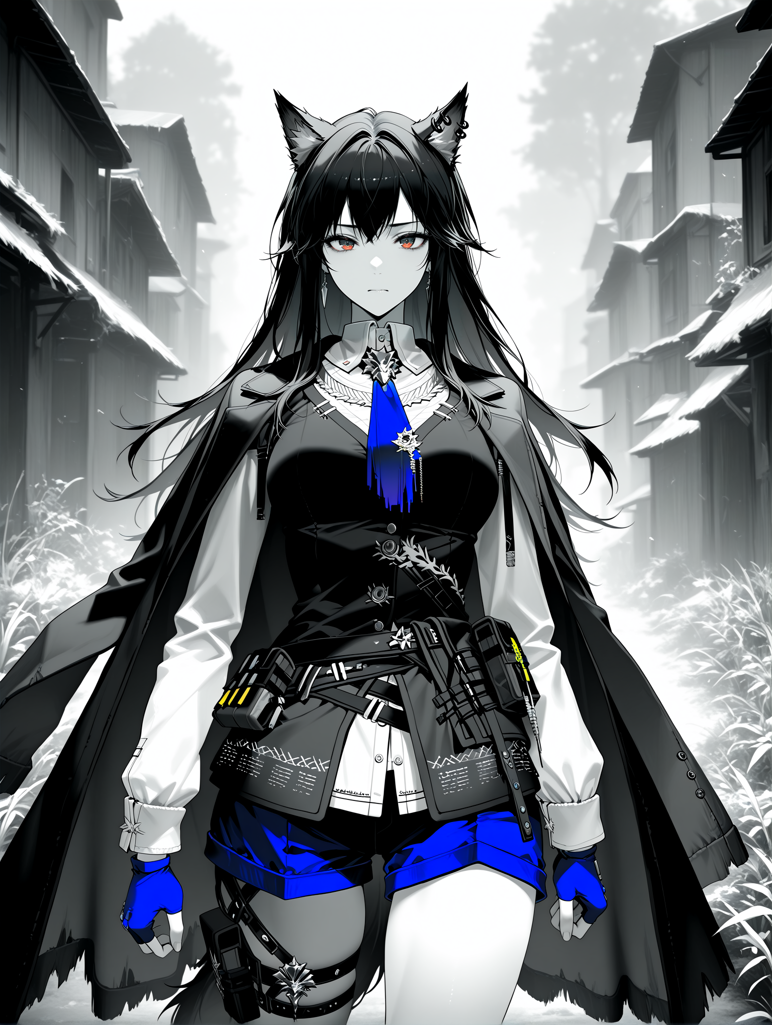 masterpiece, best quality, absurdres, amazing quality <lora:cfg_scale_boost:0.3> <lora:StS-Illustrious-Detail-Slider-v1.0:3> <lora:StS_Age_Slider_Illustrious_v1:3>,detailed_background,outdoors,pouch,black hair,absurdres,highres,animal ears,earrings,long sleeves,luuwruf,texas the omertosa \(arknights\),shorts,wolf ornament,jewelry,belt,1girl,solo,long hair,thigh strap,wolf girl,thigh belt,looking at viewer,greyscale,arknights,texas \(arknights\),monochrome,wolf ears