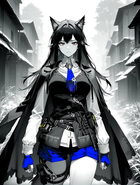 masterpiece, best quality, absurdres, amazing quality <lora:cfg_scale_boost:0.3> <lora:StS-Illustrious-Detail-Slider-v1.0:3> <lora:StS_Age_Slider_Illustrious_v1:3>,detailed_background,outdoors,pouch,black hair,absurdres,highres,animal ears,earrings,long sleeves,luuwruf,texas the omertosa \(arknights\),shorts,wolf ornament,jewelry,belt,1girl,solo,long hair,thigh strap,wolf girl,thigh belt,looking at viewer,greyscale,arknights,texas \(arknights\),monochrome,wolf ears