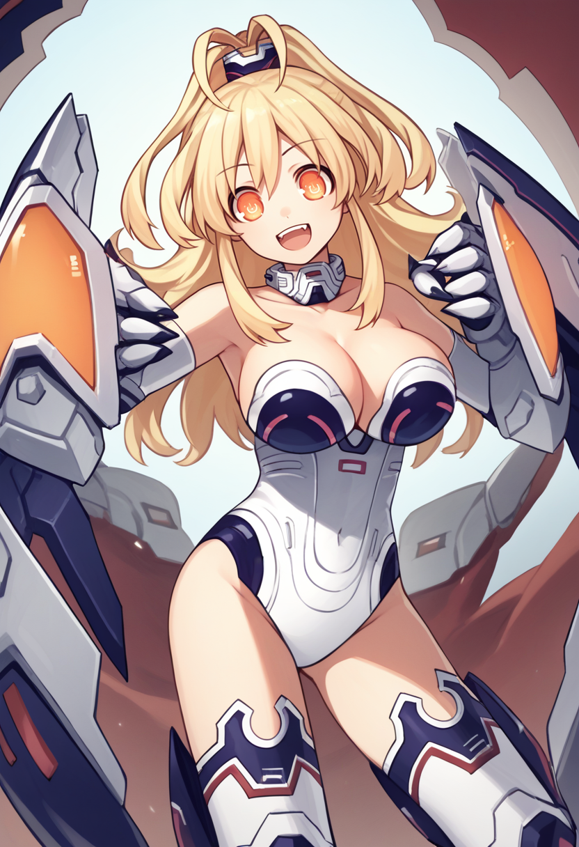 score_9, score_8_up, score_7_up, source_anime BREAK 1girl, solo, <lora:yellowheart-hdn-richy-v1_pdxl:1> yllwhrt, orange eyes, symbol-shaped pupils, power symbol, blonde hair, long hair, antenna hair, leotard, detached collar, cleavage, elbow gloves, thighhighs, smile, open mouth, power claws