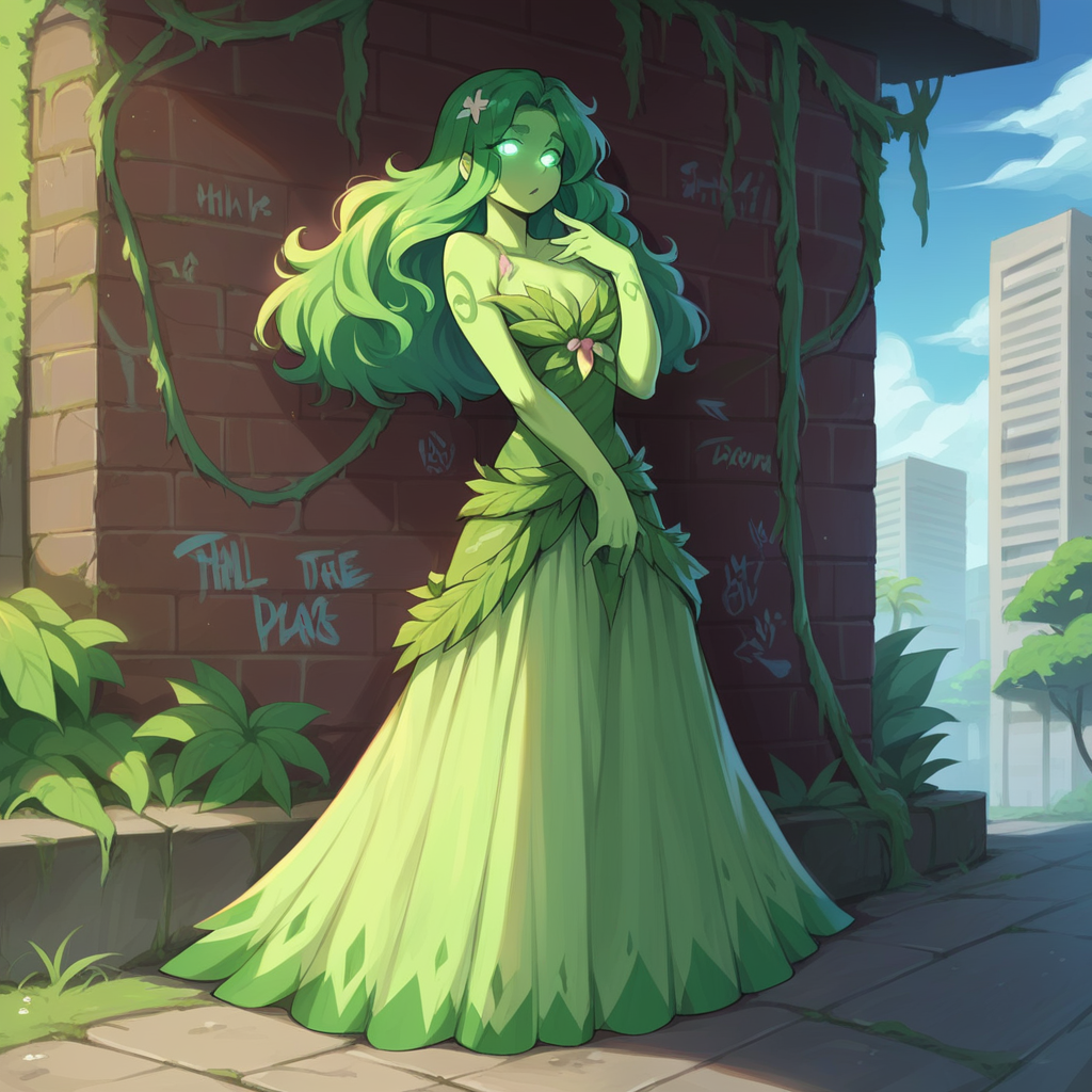 score_9, score_8_up, score_7_up, score_6_up, score_5_up, score_4_up, BREAK, 
elemental \(creature\), 1girl, solo, dryad, green skin, urban jungle, vines, graffiti, mystical, cityscape, nature spirit, flowing dress, glowing eyes, standing, ethereal, long hair, flowers, glowing
<lora:elementals_v2:1>