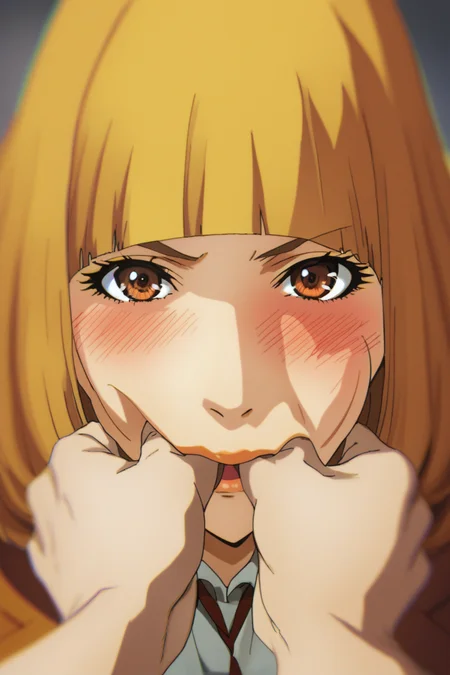 score_9_up, score_8_up, score_7_up, <lora:Prison_School_anime_style_Pony_r2:1>, hana midorikawa, brown eyes, blonde hair, bangs, blunt bangs, looking at viewer, angry, pov, blush, brown eyes, brown hair, pov hands, cheek pinching, pinching, solo focus, looking at viewer, close-up, hands on another's face, best quality, high quality