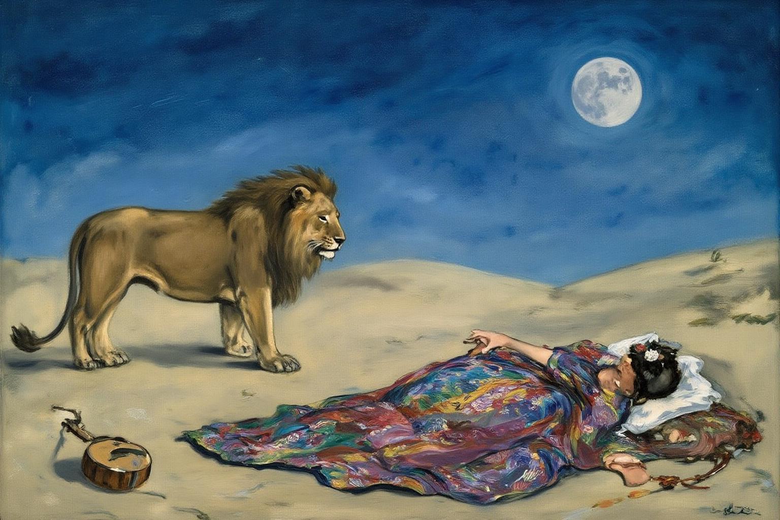 edmanet1 painting.
henrirousseau2. A serene, dreamlike desert landscape under a vast blue night sky. A lion, show in side profile view, is gently observes a sleeping Gypsy woman, who is dressed in vibrant, flowing garments with intricate patterns. She rests peacefully on the sand, beside a simple stringed instrument. The scene is set against a gradient blue sky transitioning from deep blue at the top to a lighter shade at the bottom, with a full moon in the upper right casting a soft, diffused light. <lora:edmanet1_cap_d6a3e13:1.0><lora:833944179420867161:0>