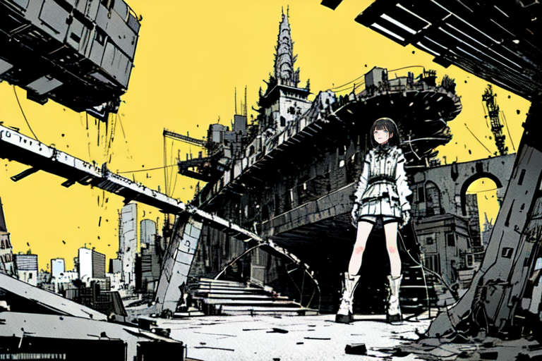 highly insanely detailed, masterpiece, top quality, best quality, highres, 4k, 8k, RAW photo, (very aesthetic, beautiful and aesthetic),  
tsutomu nihei,nihei_tsutomu,blame!,blame gakuen!,abara,TNstyle,sidonia_no_kishi,(sidonia \(ship\),tower,stairs,city ruins,mausoleum,space,spacecraft),bridge,fence,wire,machinery,buildings, 
<lora:ABARA:0.6>, 
(1girl:1.3), 
solo focus, 
yellow background,neon pink background,(fluid color background,fluorescent background,colored geometric background),âââ
