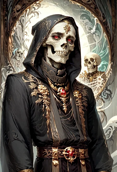 8k, score_9, score_8_up, score_7_up, Art Noveau, masterpiece, 1man (skeleton), (skull face), empty eye sockets, glowing red eyes, grey skin,
intricate black robe, intricate gold sash, black pants, black hood, gold trim, black capelet, high collar, no ears, long sleeves, long intricate gloves, emerald amulet. bracers,