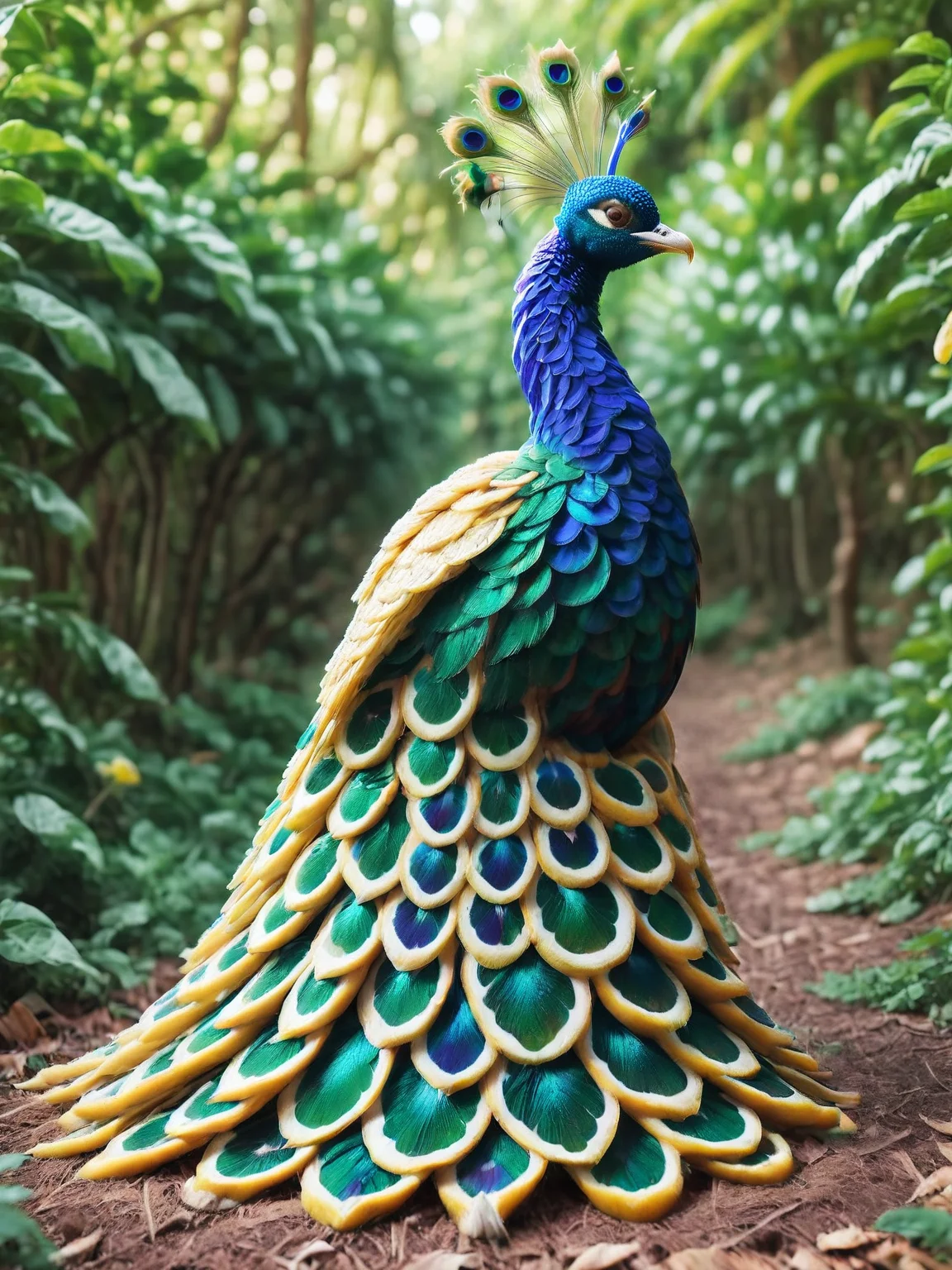 A majestic ais-lmnsgr peacock displaying its splendid ais-lmnsgr feathers, in a lush forest <lora:ais-lmnsgr-sdxl:1>