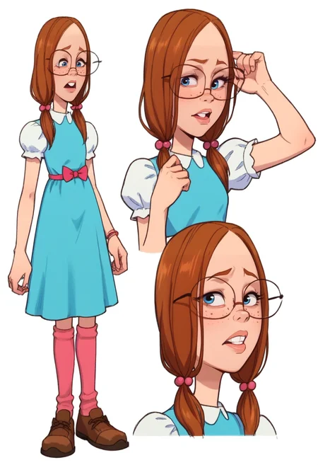 score_9, score_8_up, score_7_up, score_6_up, score_5_up, score_4_up, conceptart,multiple views,white background,simple background,<lora:concept:1>,
1girl, solo, brown shoes, glasses, hair bobbles, , pink socks, freckles, bow, blue dress, GretechenR
<lora:princess_xl_v1:0.7>, <lora:Expressive_H:0.6>, <lora:incase-ilff-v3-4:0.5>, <lora:MysticalPlantPenetratorPDXL:0.5>, <lora:Gretchen_Grundler_Recess:1>